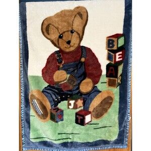 VTG Blue Jean Teddy Bear Baby Blanket Minky BEAR Blocks BJT Satin Trim HTF 15582